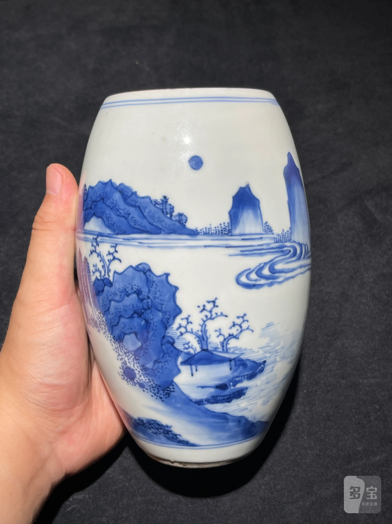 明崇祯 青花山水纹莲子罐 - 图2